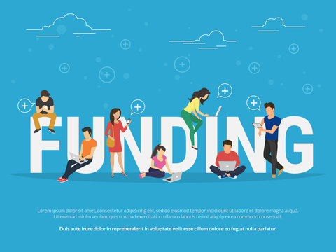 Funding illustration of young people using laptop, tablet pc and smartphone for online funding new startup or making donation for project. Flat design of guys and women near big letters