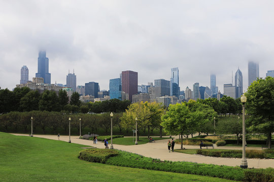 View of Chicago Skyline on a foggy day