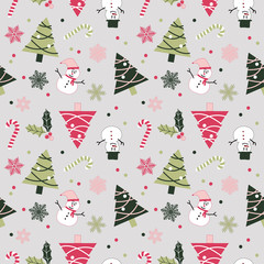 A snowman Christmas seamless pattern in pink, green, white and blue-grey background for Christmas holiday.