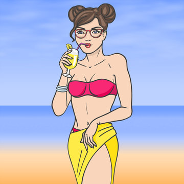 Woman drinking lemonade with glasses on sea