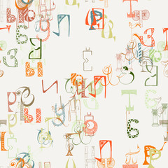 Seamless grunge doodle background. Hand drawn abstract letters.
