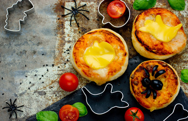 Halloween food background funny mini pizza for party