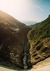 Panoramic view of the Dam of Contra Verzasca Ticino, Switzerland. It is famous place for bungee jumping