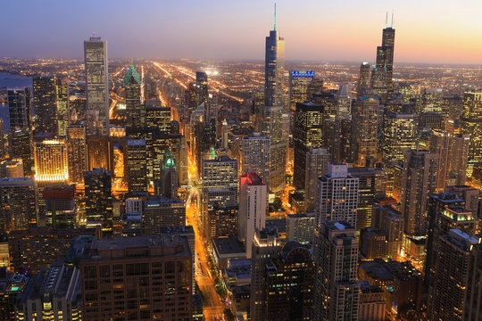 Aerial of Chicago skyline at night