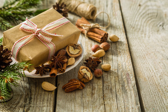 Christmas preasent nuts cinnamon ribbon