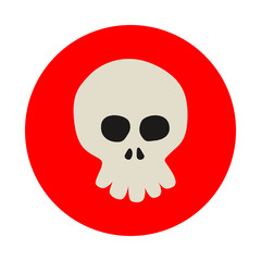 Icono plano caricatura de calavera gris frontal en circulo color rojo