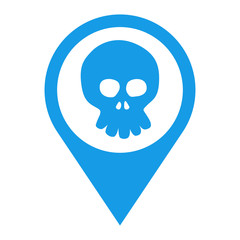 Icono plano localizacion caricatura de calavera frontal color azul
