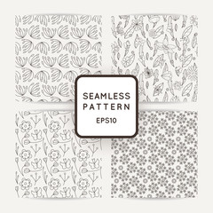 Set of doodle seamless patterns with various doodle flowers, leaves and branches.