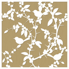 Vector pattern for laser cut with blackthorn berries and birds. Suitable for engraving, cutting wood, metal, plastic