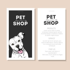 Vector set of pet shop flyers. Dog portrait isolated on black square text template. White informational list.