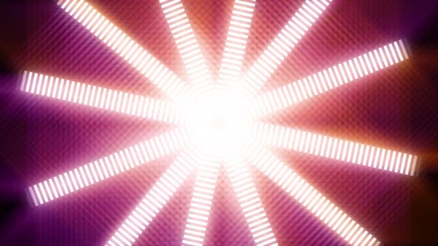 A 20 second loop of VU meters fanned out in a circle, rotating clockwise with glows. HD 1080p.