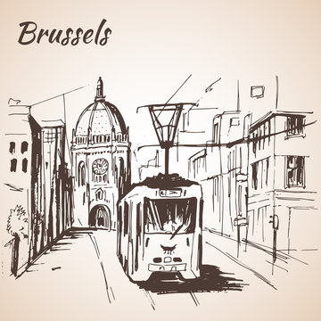 Brussels street view with tram.
