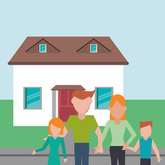 flat design traditional family in front of house image vector illustration
