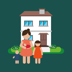 flat design traditional family in front of house image vector illustration