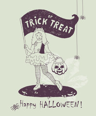 Halloween greeting card. Hand drawn Halloween poster with witch in black hat. Halloween vector illustration in vintage style.