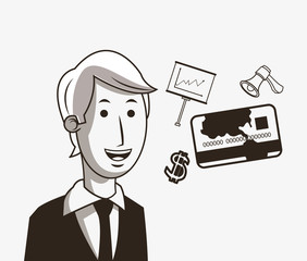 young businessman with economy related icons line design image vector illustration design 