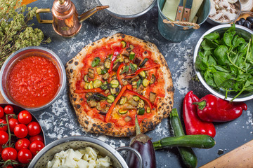 Traditional vegetarian italian pizza with pumpkin, eggplant and red peppers