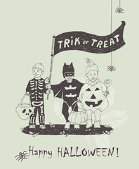 Halloween greeting card. Hand drawn Halloween poster with cute kids in Halloween scary costumes. Halloween vector illustration with jack pumpkins