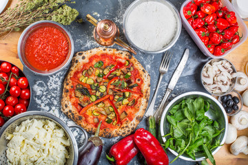 Traditional vegetarian italian pizza with pumpkin, eggplant and red peppers