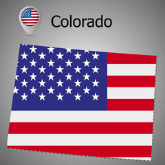 Colorado State map with US flag inside and Map pointer with American flag.