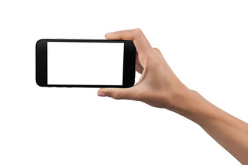 hand with a black cellphone with white screen at isolated background