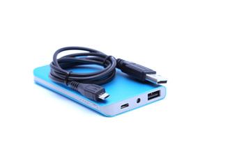 Light blue Power bank with black cable, a mobile phone device 