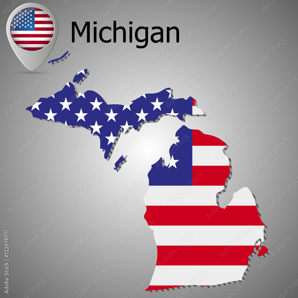 Wall mural Michigan map flag and text. Map pointer with American flag. vector illustration