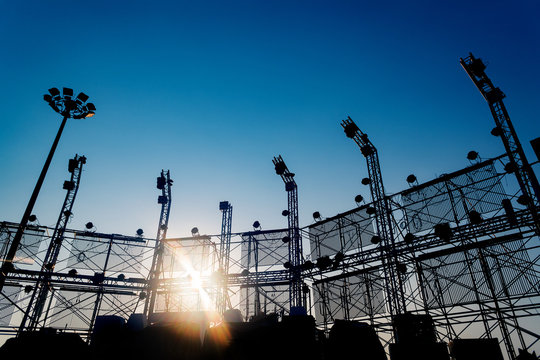 Music stage equipment for a concert outdoor background blue sky