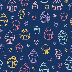 Cupcakes outlined colorful seamless pattern on blue background