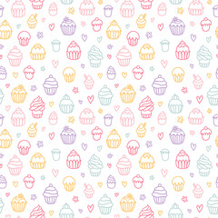 Cupcakes outlined colorful seamless pattern on white background
