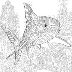 Naklejka premium Stylized underwater composition of shark, seaweed, corals and treasure chest full of gold. Freehand sketch for adult anti stress coloring book page with doodle and zentangle elements.