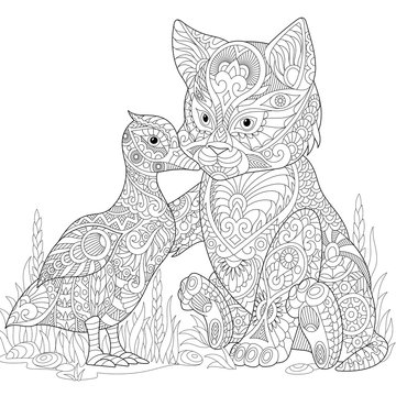 Stylized cute friends cat (young kitten) and duck (mallard) embracing each other. Freehand sketch for adult anti stress coloring book page with doodle and zentangle elements.