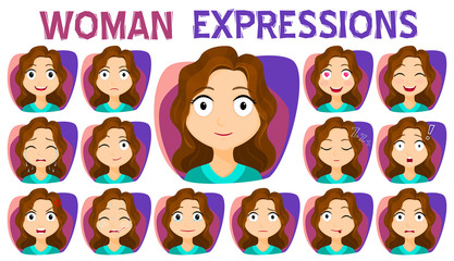 Girl with different facial expressions set. A variety of facial expressions of women. Stock vector