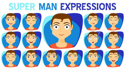 Set of man expressions collection. Emotion and avatar. Variety of emotions - joy, sadness, hurt, shock, joy, inspiration. vector illustration