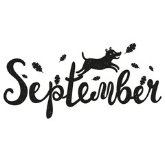 Vector illustration with cute jumping dog, falling oak leave and lettering word - September