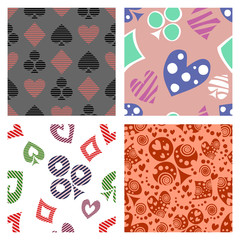 Set of seamless vector patterns with icons of playings cards. Colorful backgrounds with hand drawn symbols. Decorative repeating ornament. Series of Gaming and Gambling Seamless vector Patterns.