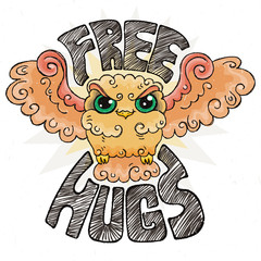 Flying doodle owl. Free hugs fluffy bird.