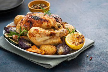 Homemade christmas chicken with vegetables on a plate, closeup.