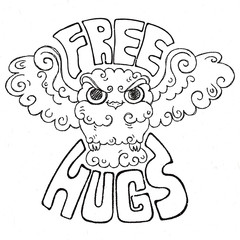 Flying doodle owl. Free hugs fluffy bird.