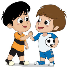 kids shake hand after football match finish.