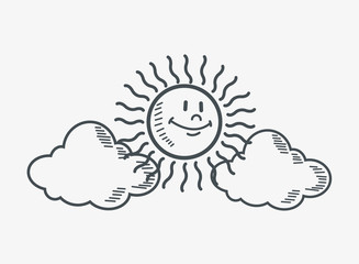 flat design sun and clouds doodle drawing image vector illustration