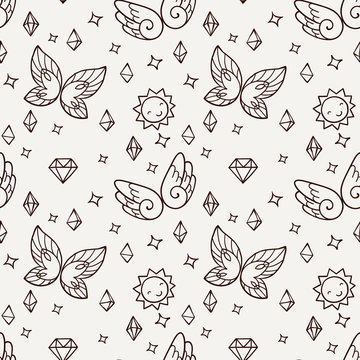 Seamless pattern with butterflies and suns and gems.