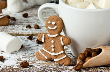 Gingerbread man and a cup of coffee with marshmallow