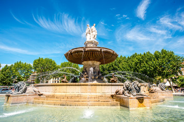 The Fontain de la Rotonde with three sculptures of female figures presenting Justice in Aix-en-Provence in France - obrazy, fototapety, plakaty
