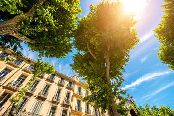Beautiful residential building facade in Aix-en-Provence in France. Typical french architecture in...