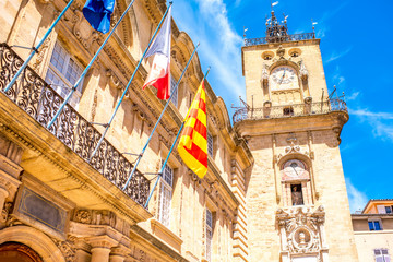 Town hall with clock tower in the old town of Aix-en-Provence in France