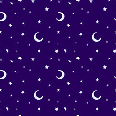Fototapeta na wymiar Silver moon and stars sky print seamless pattern.
