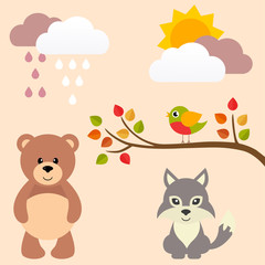 autumn birds on a branch and bear and wolf