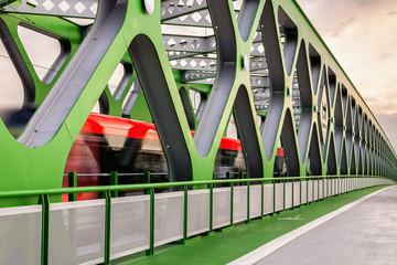 Old bridge with tram in Bratislava, new built version
