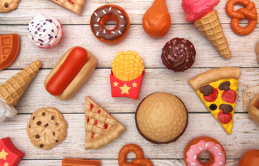 Fake Junk Food on a Wooden Table